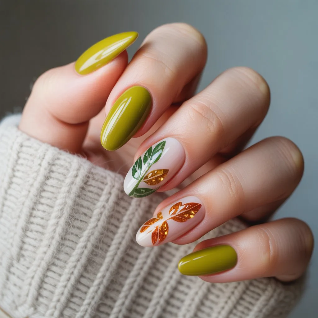 Amber Jewel Leaf Nails