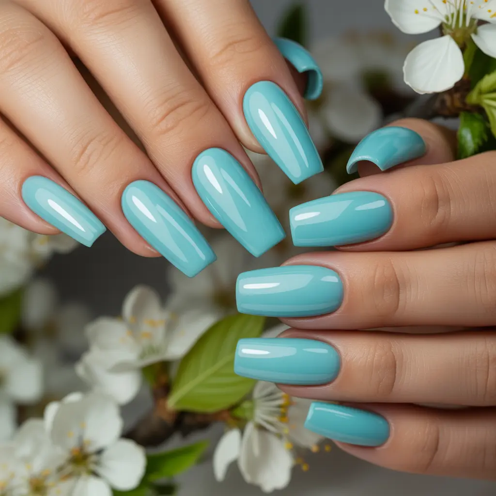 Aqua Blue Glossy Coffins Nail