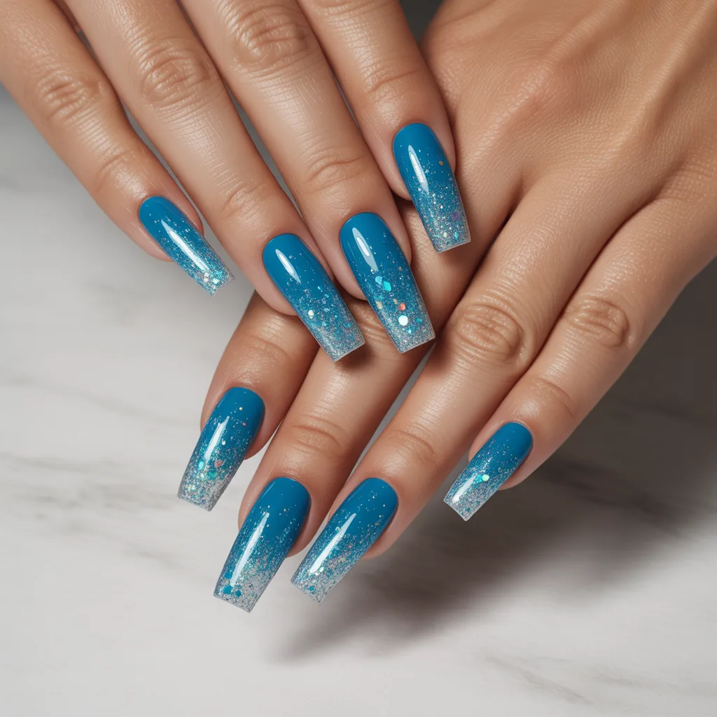 Aqua Blue with Glitter Gradient Nails 