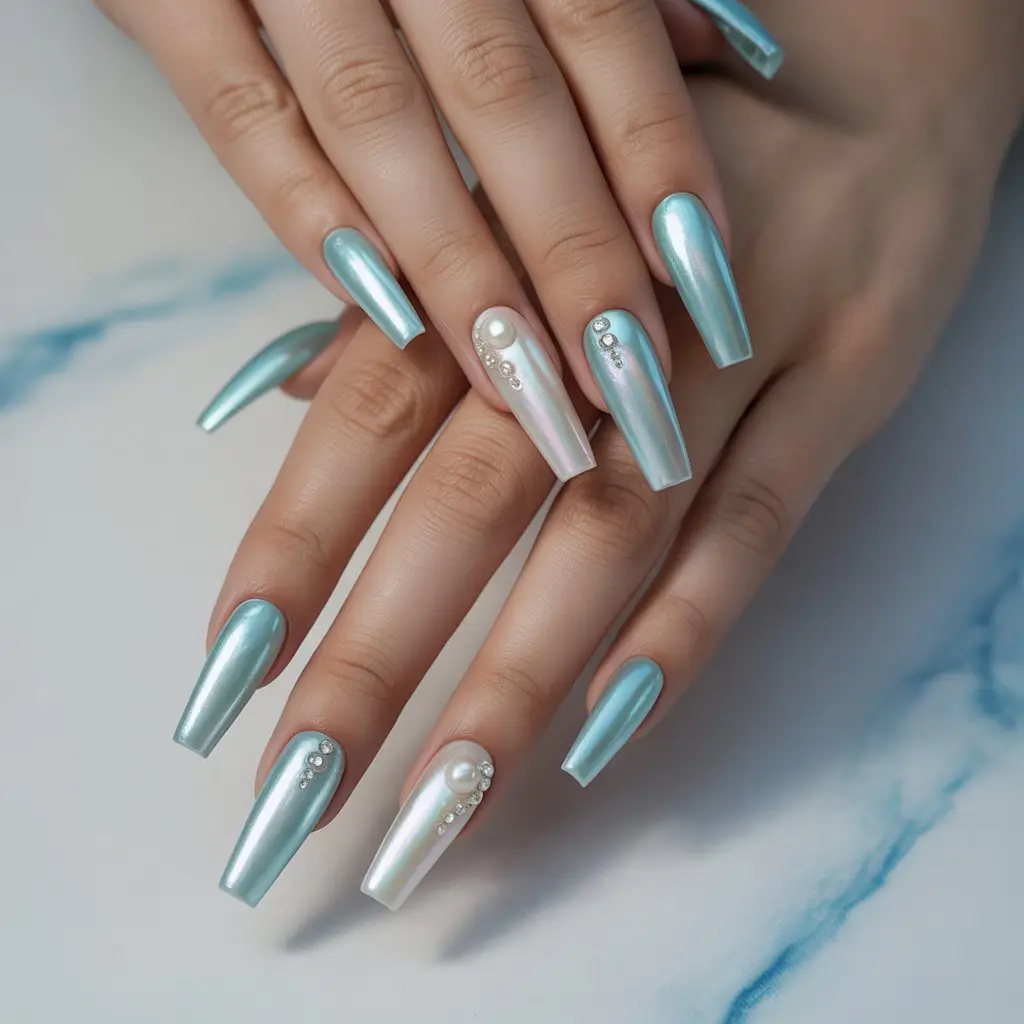 Aquamarine Pearl Nails