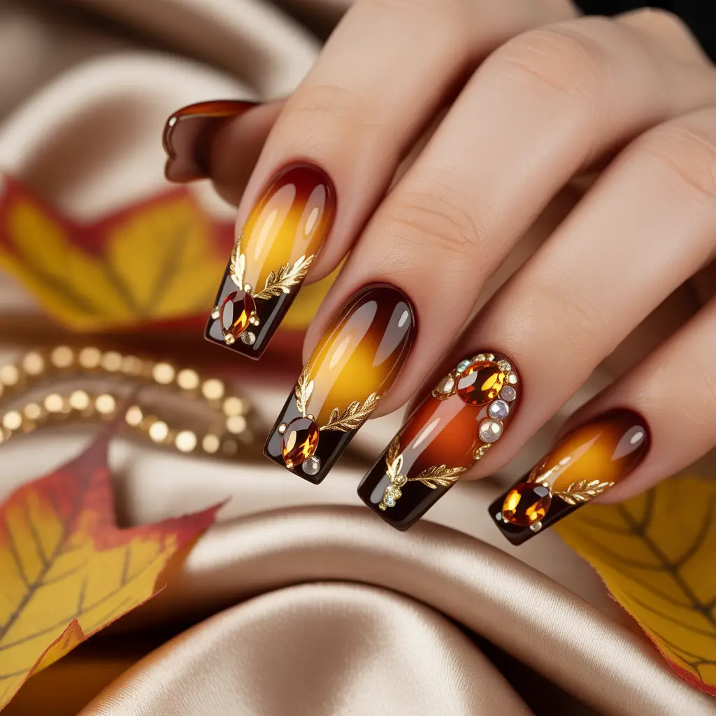 Autumn Honey Gem Nails