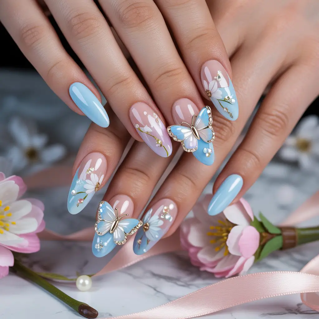 Baby Blue Butterfly Nails