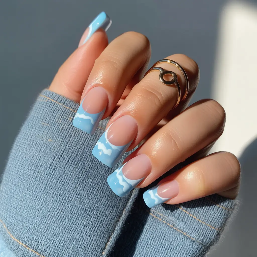 Baby Blue Cloudy French Tips Nail