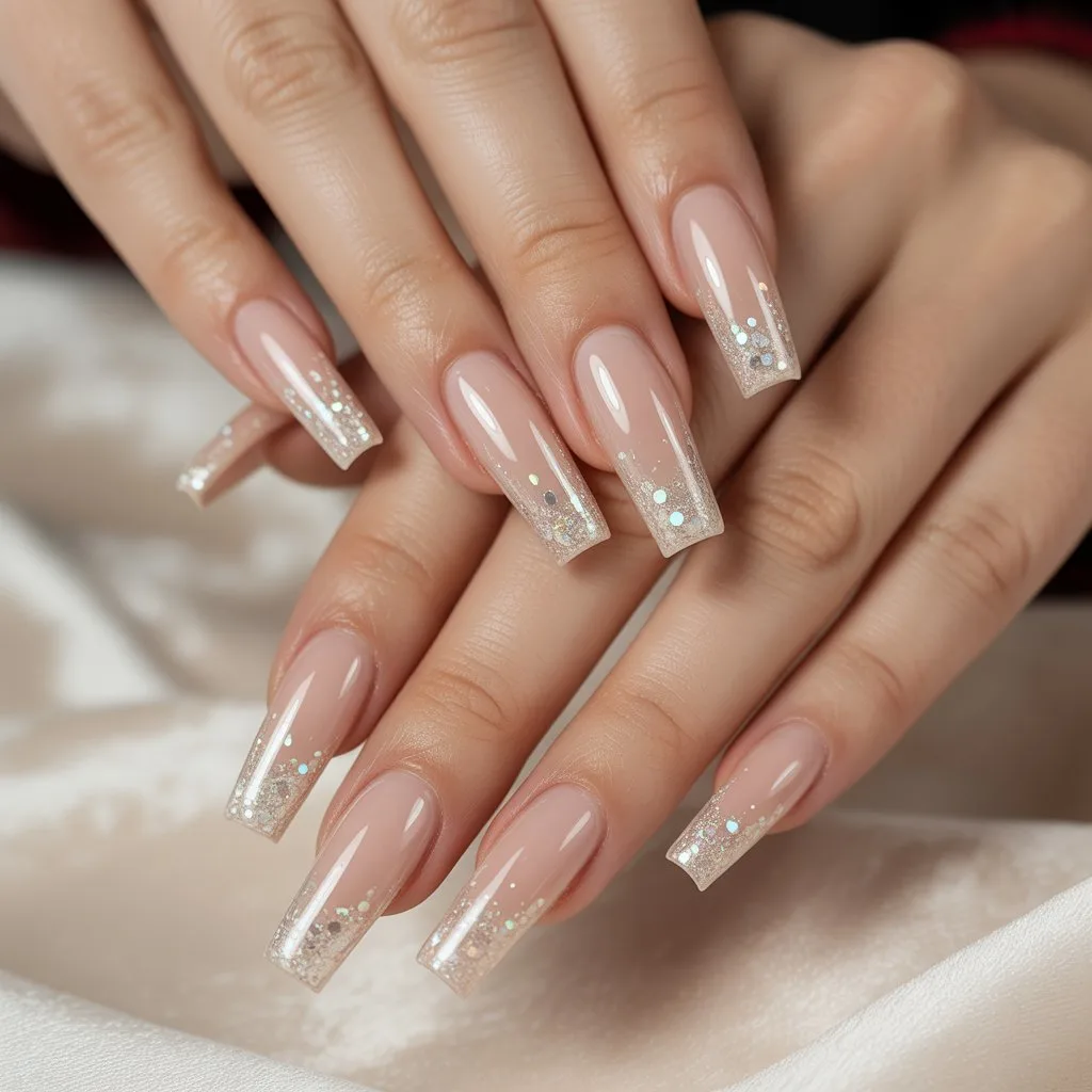 Beige Glitter Snowfall Tips Nail