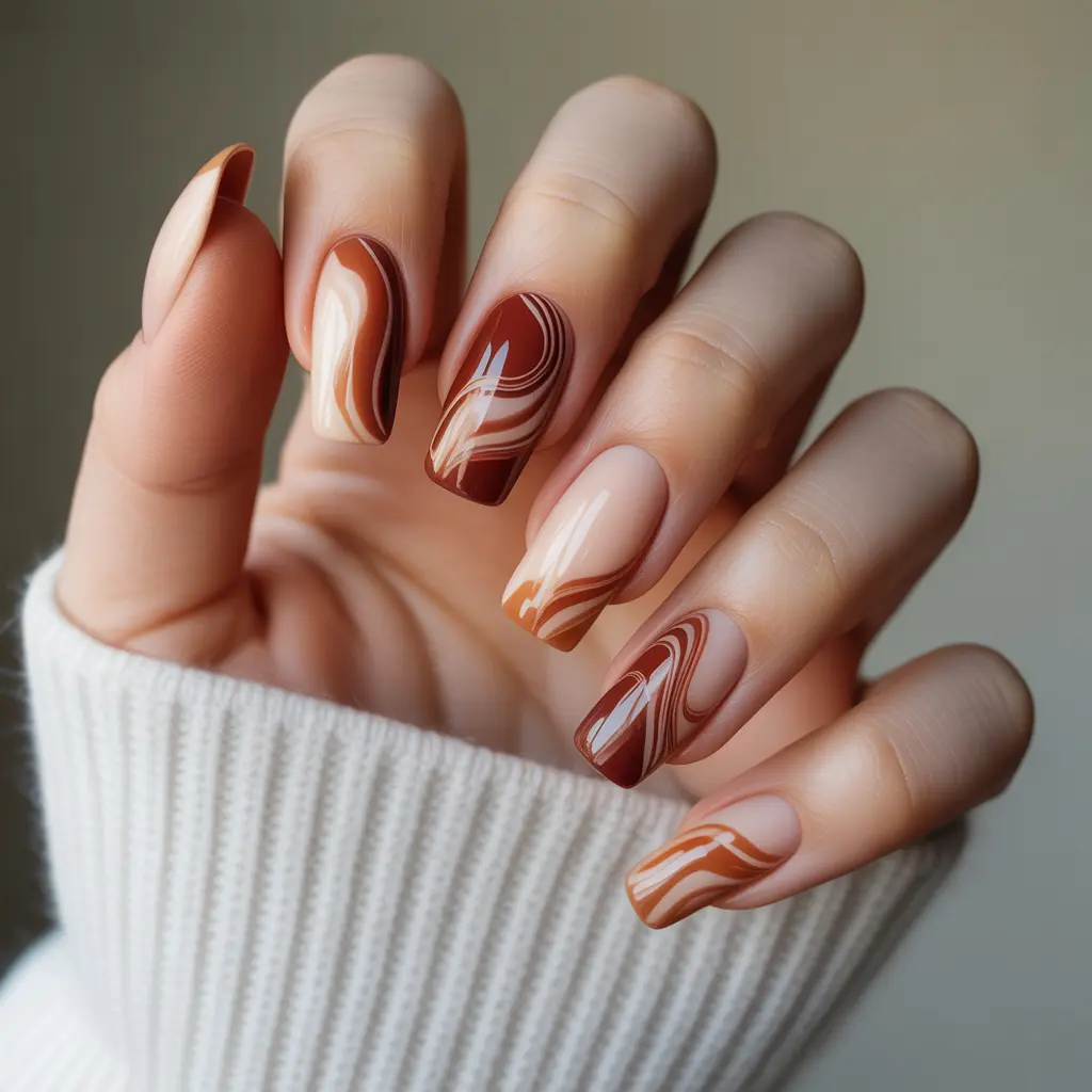 Beige & Rust Swirl Nails