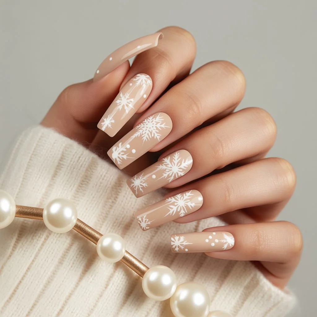 Beige Snowflake Minimalism Nails