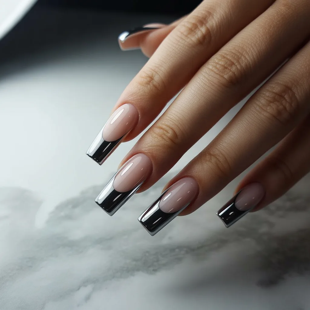Black Chrome French Tips Nail