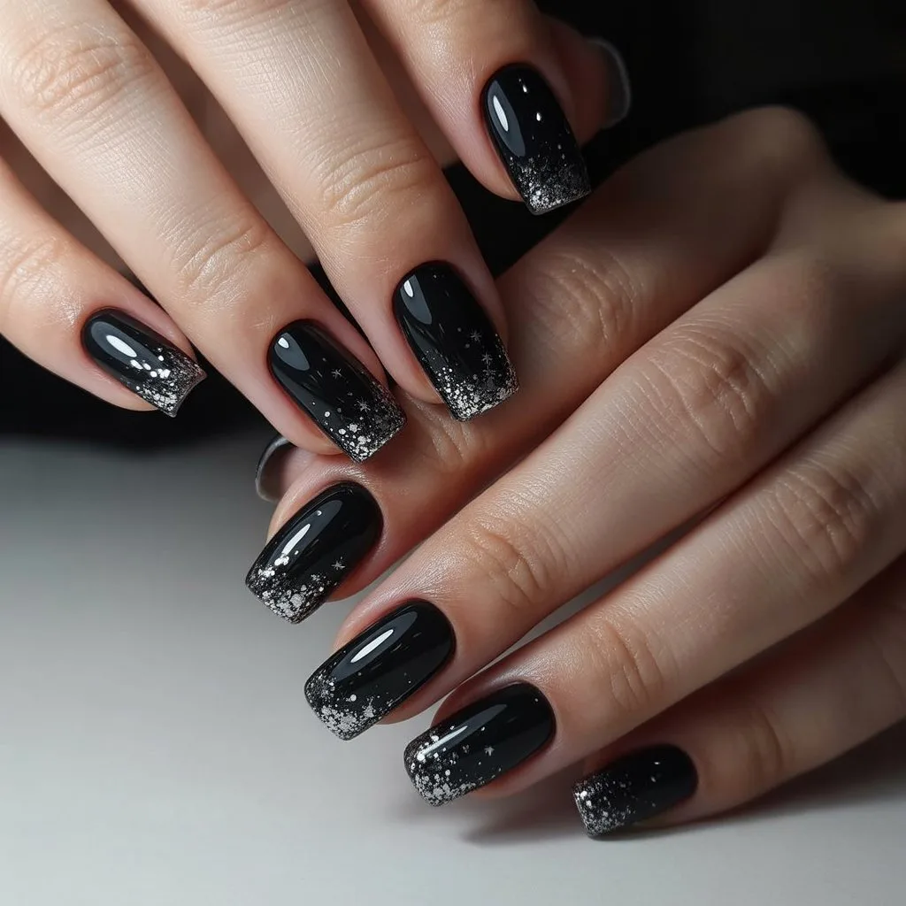 Black Gel with Silver Spark Mist Nails