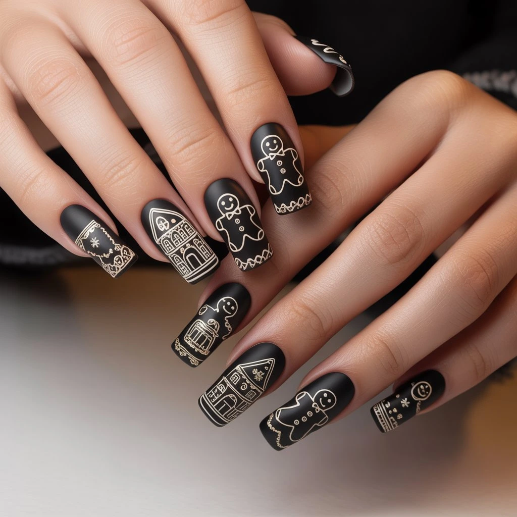 Black Gingerbread Outline Nails