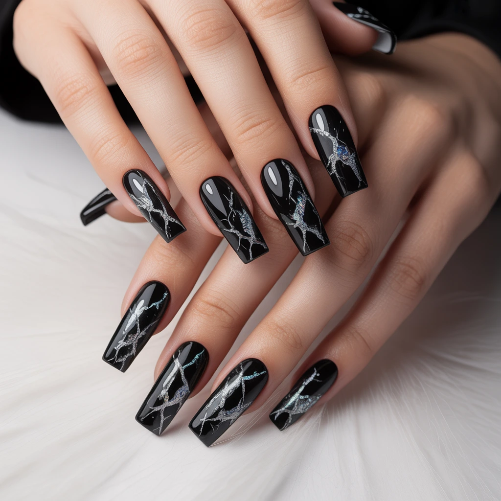 Black Ice Crackle Nails