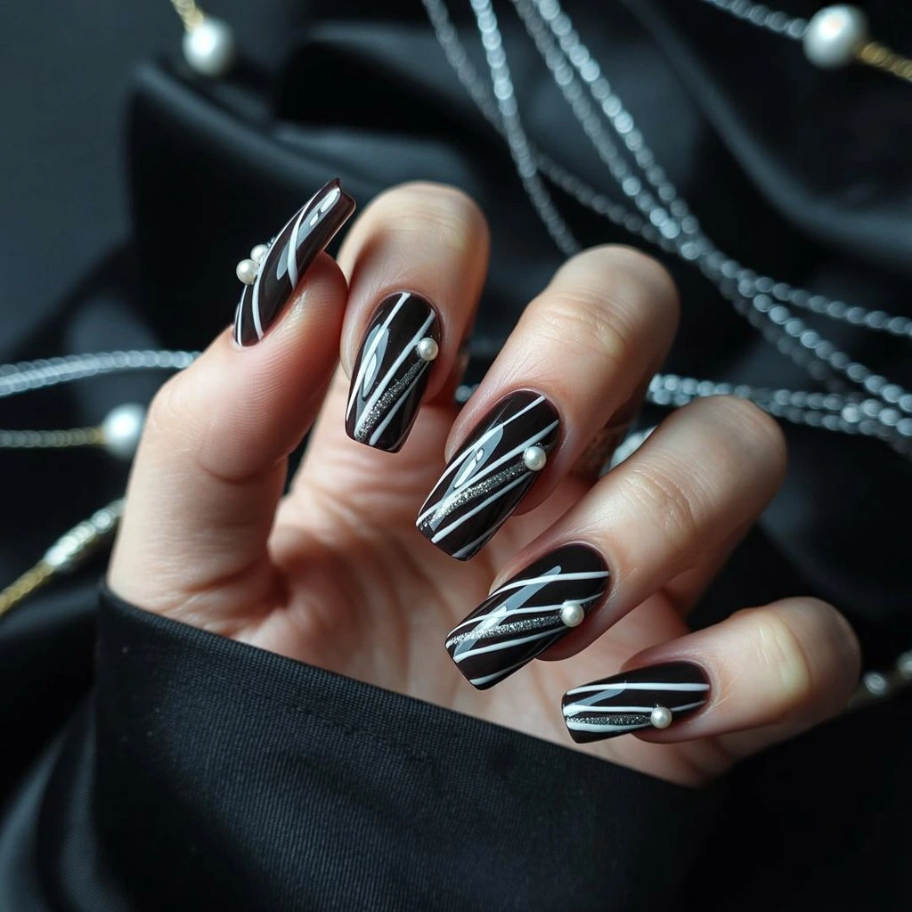 Black Peppermint Stripe Nails