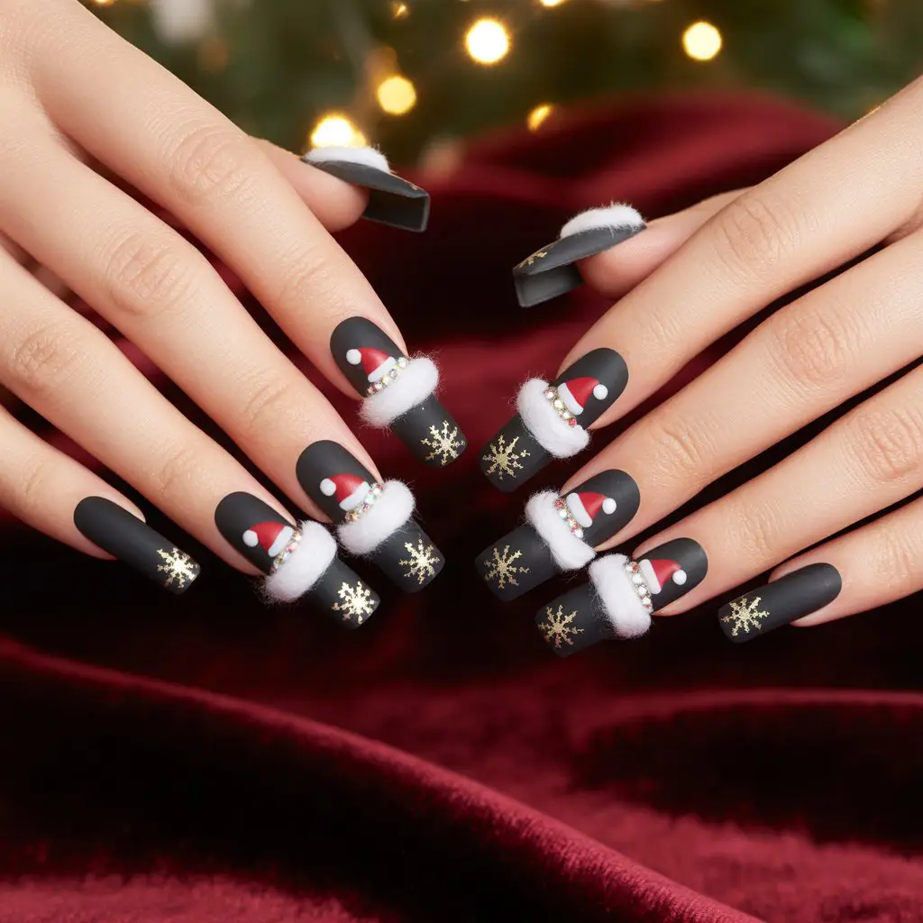 Black Velvet Santa Hat Tips Nail