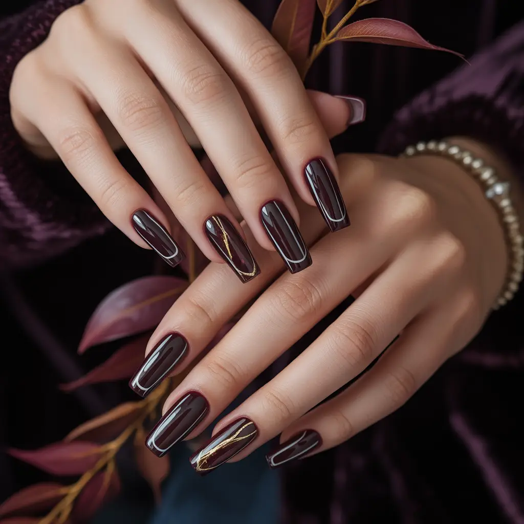 Blackened Burgundy Outline Nails