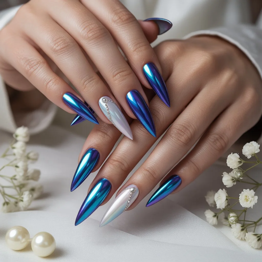 Blue Aurora Chrome Nails