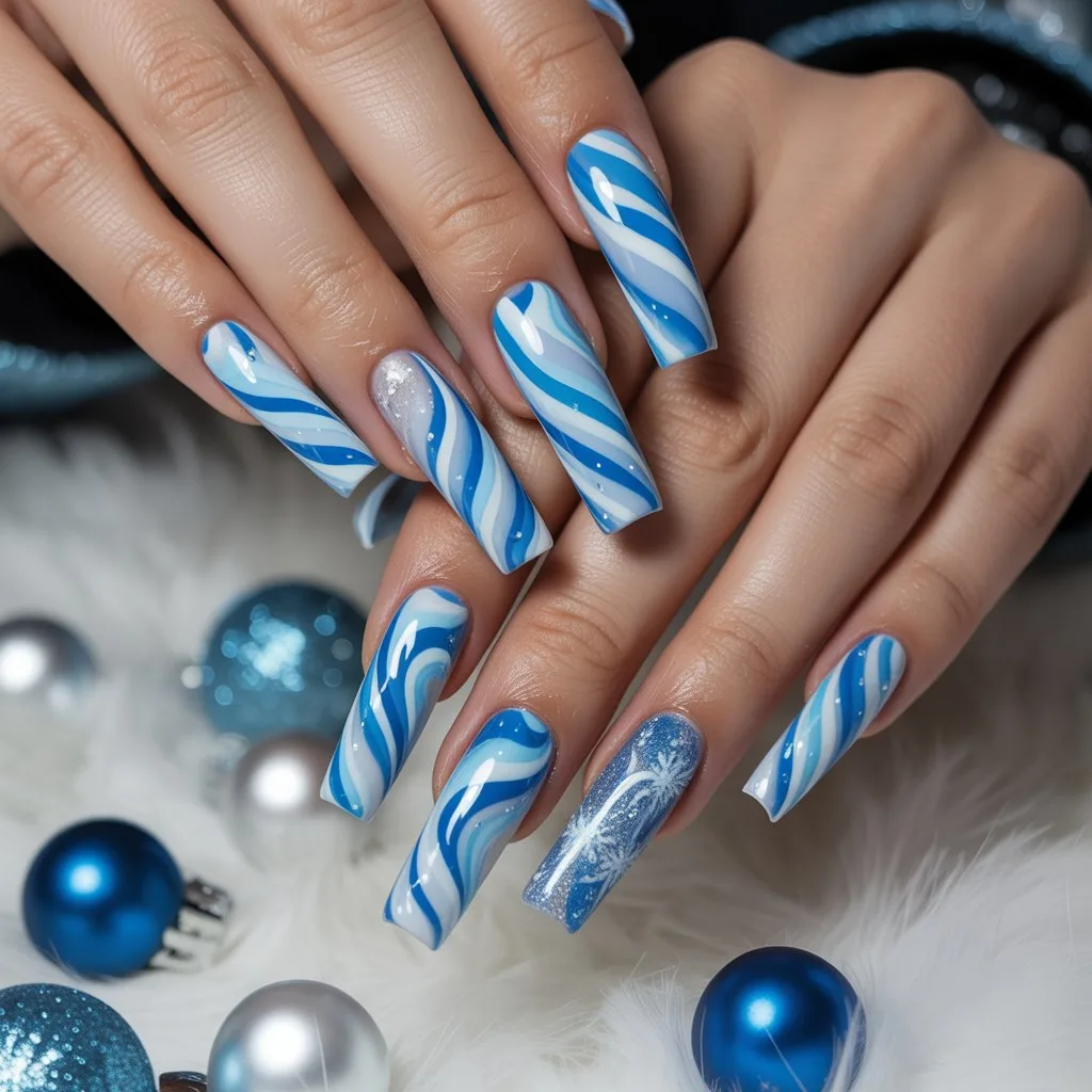 Blue Candy Cane Swirl Nails