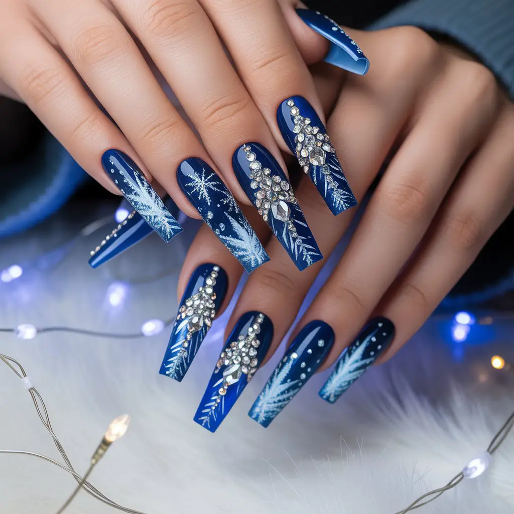 Blue Christmas Crystal Acrylics Nail