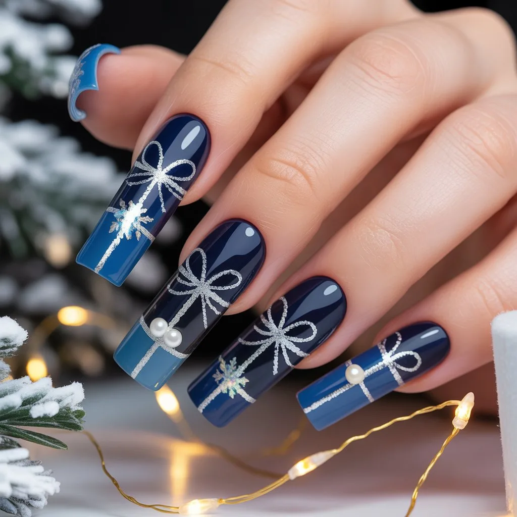 Blue Christmas Gift Ribbon Nails