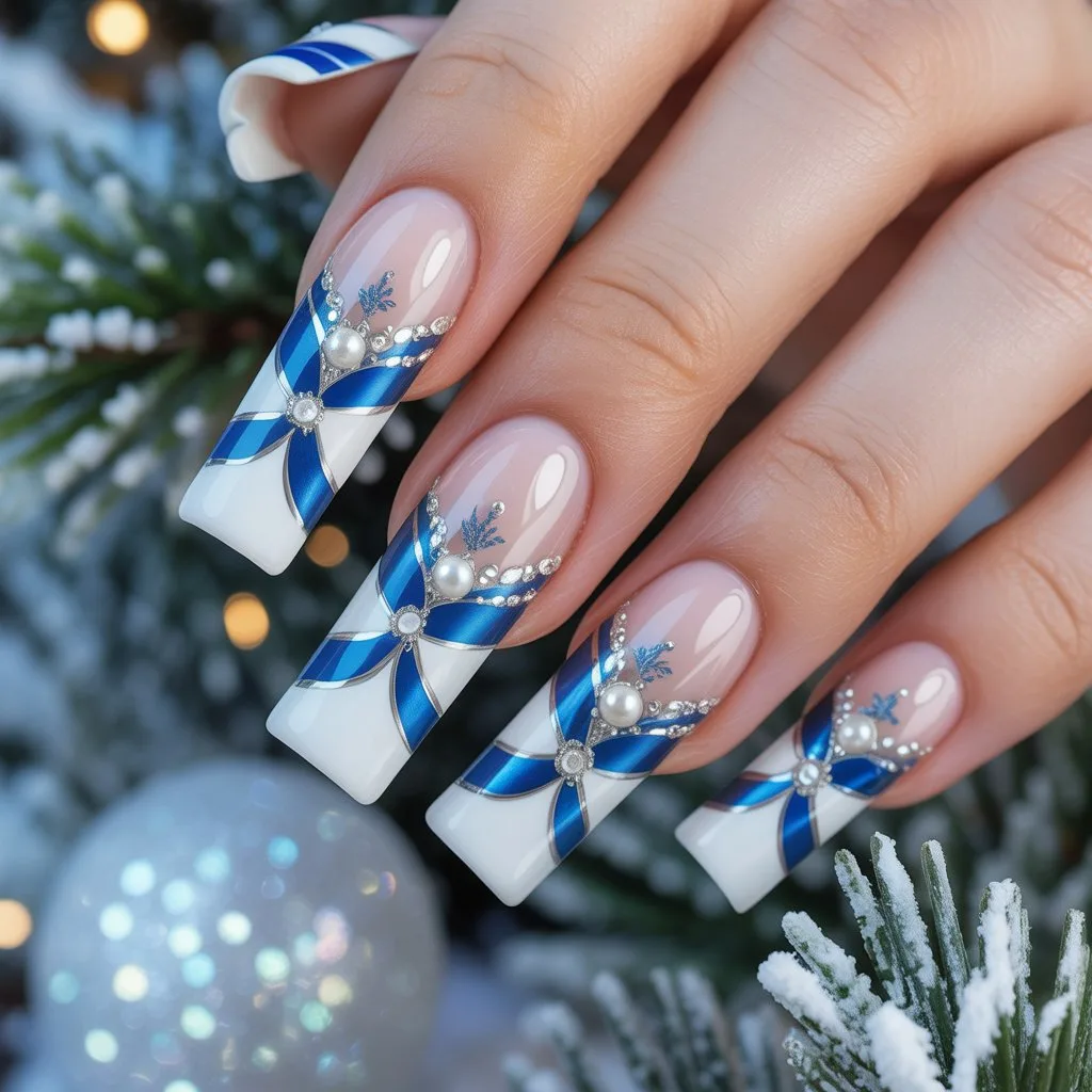 Blue Christmas Ribbon French Nails