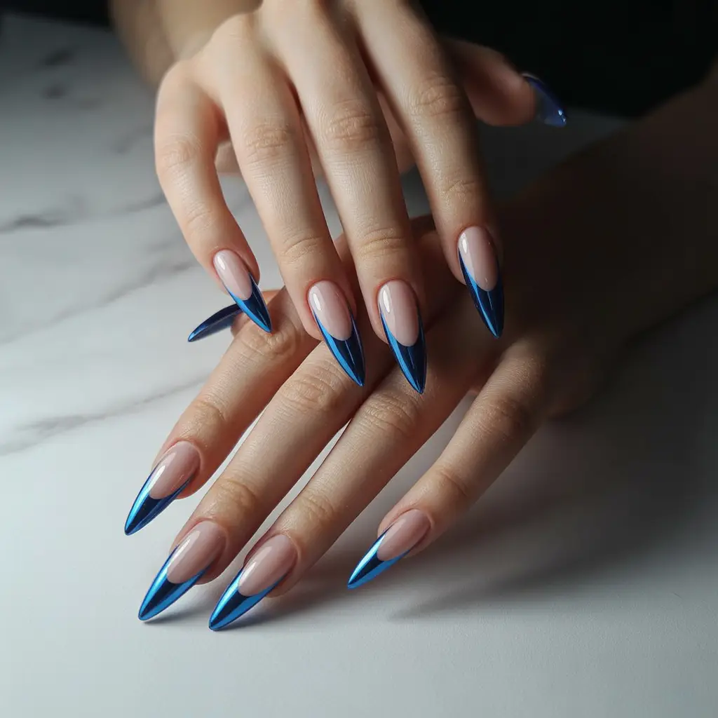 Blue Chrome French Tips Nail
