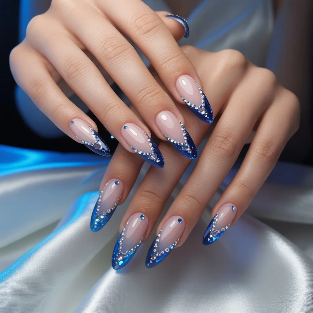 Blue Crystal French Edge Nails