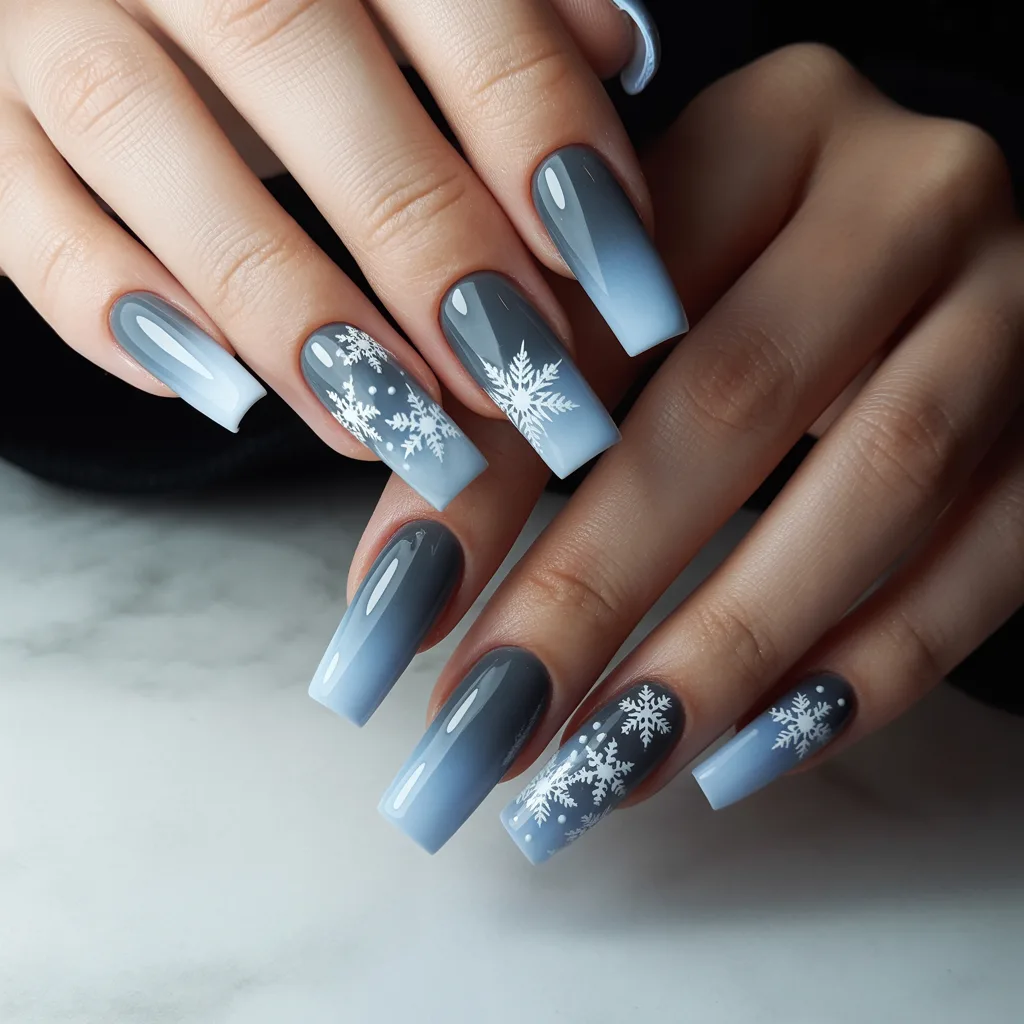 Blue-Grey Ombre with Snowflake Stickers nails