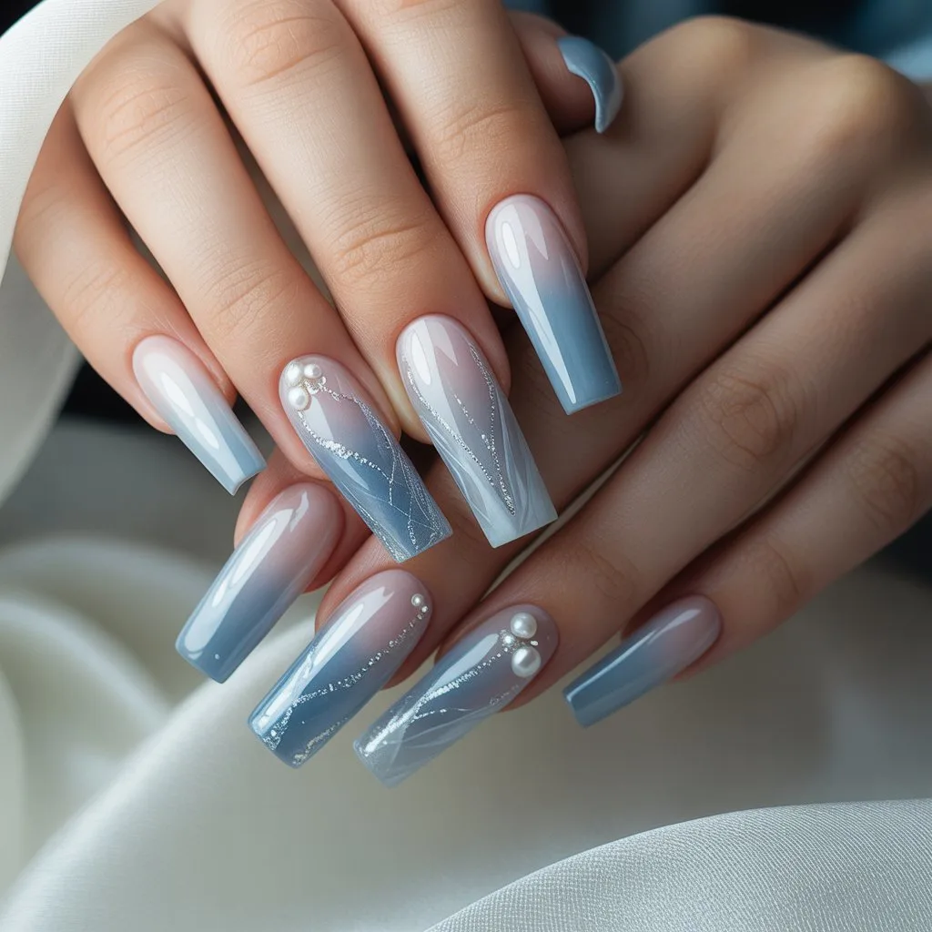 Blue-Grey Veil Nails