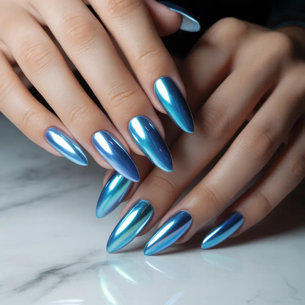 Blue Ice Chrome Nails