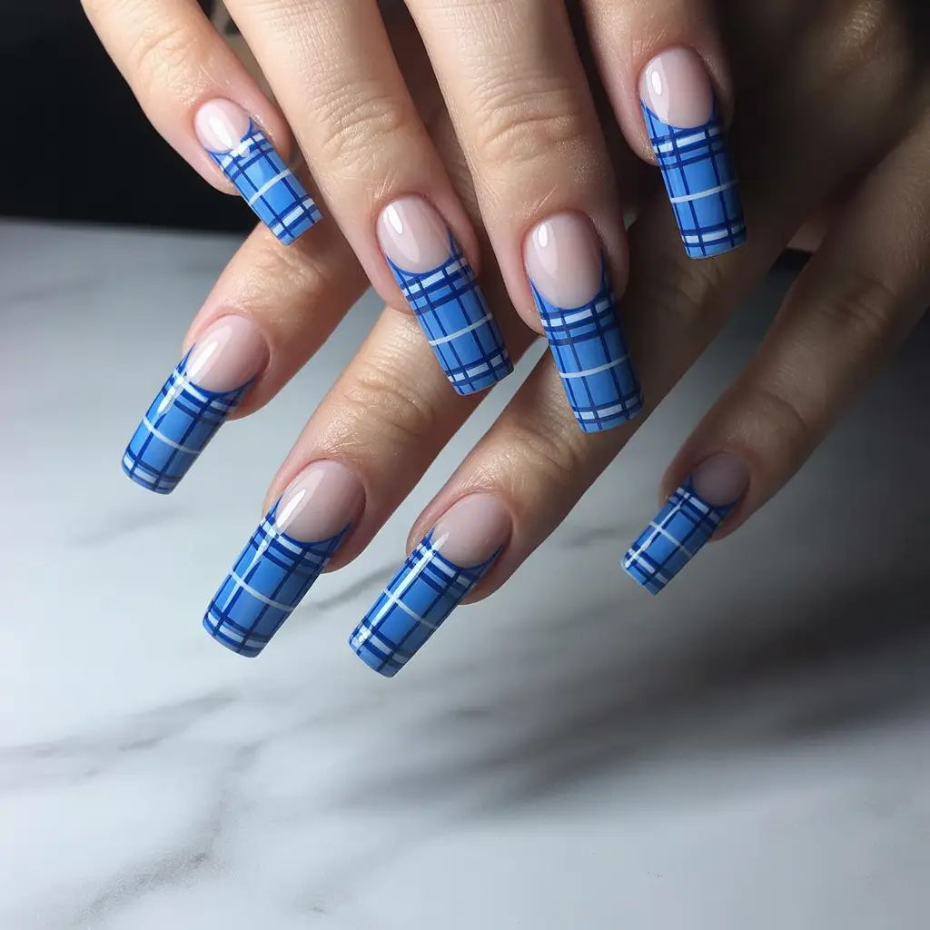 Blue Plaid Tips Nails