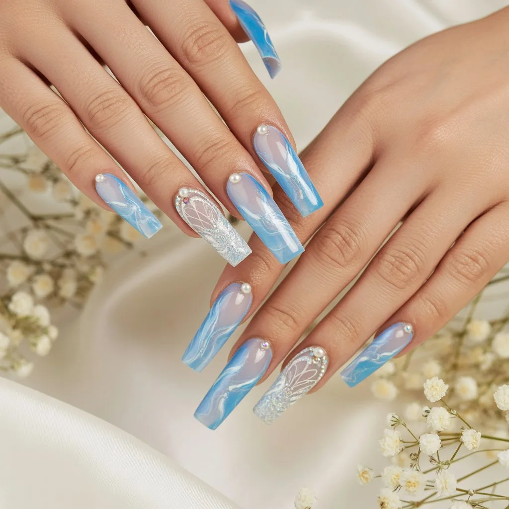 Blue Water Veil Accent Nails