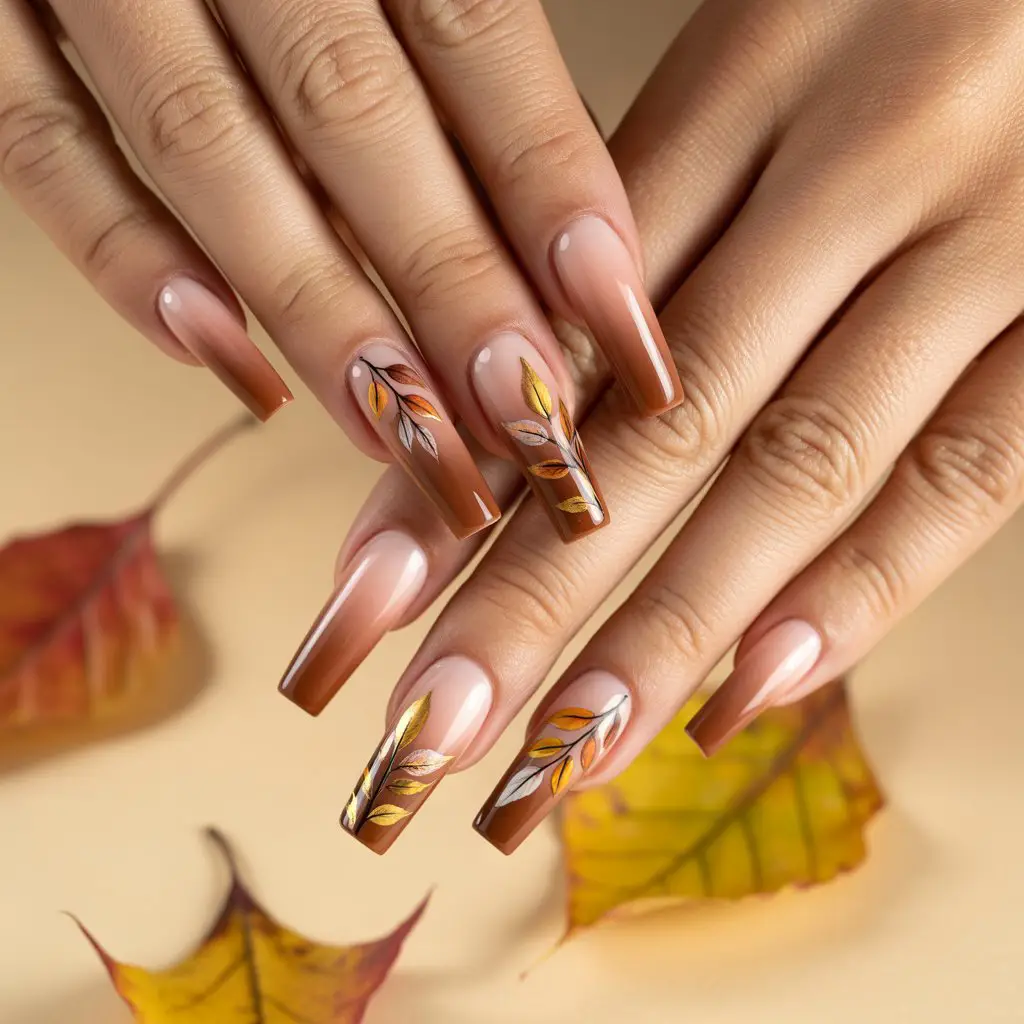 Blush-to-Brown Leaf Ombre Nails