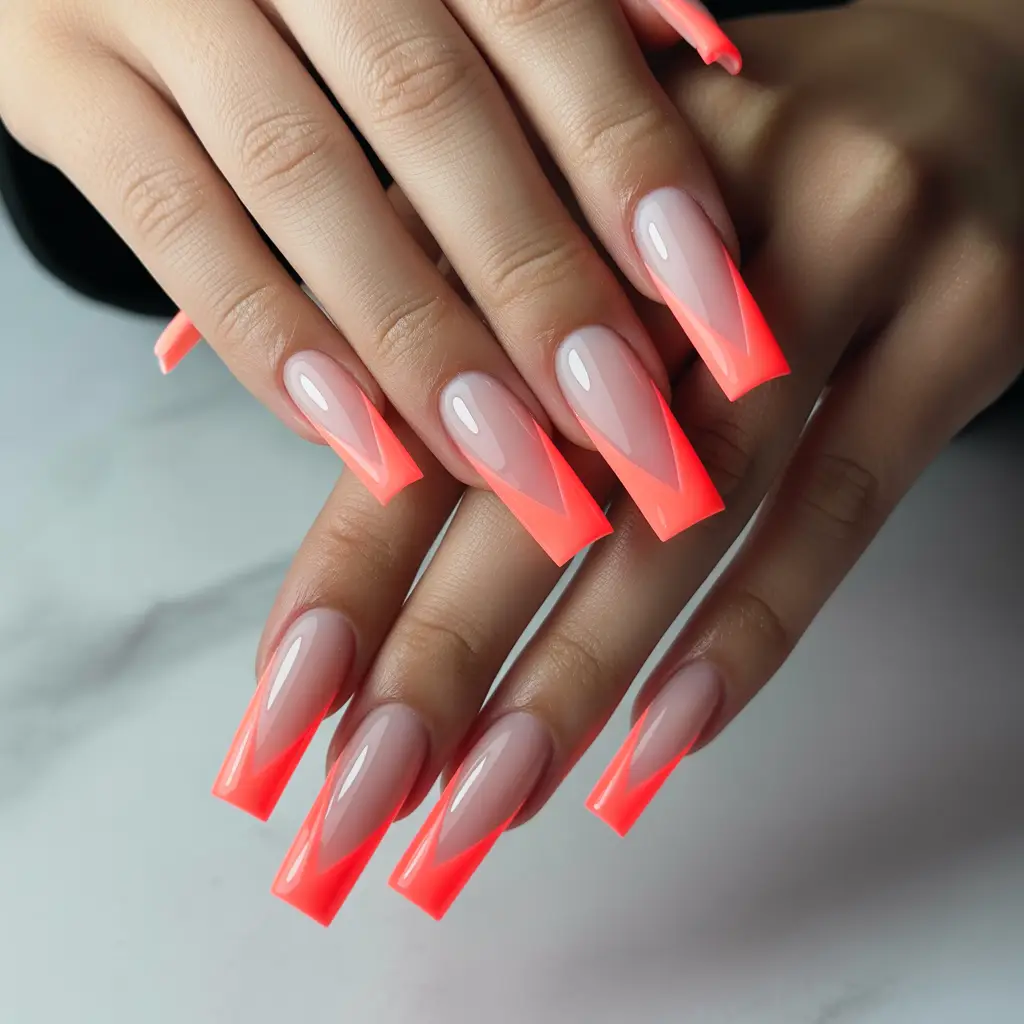 Bright Coral V-Shape French Tips Nail