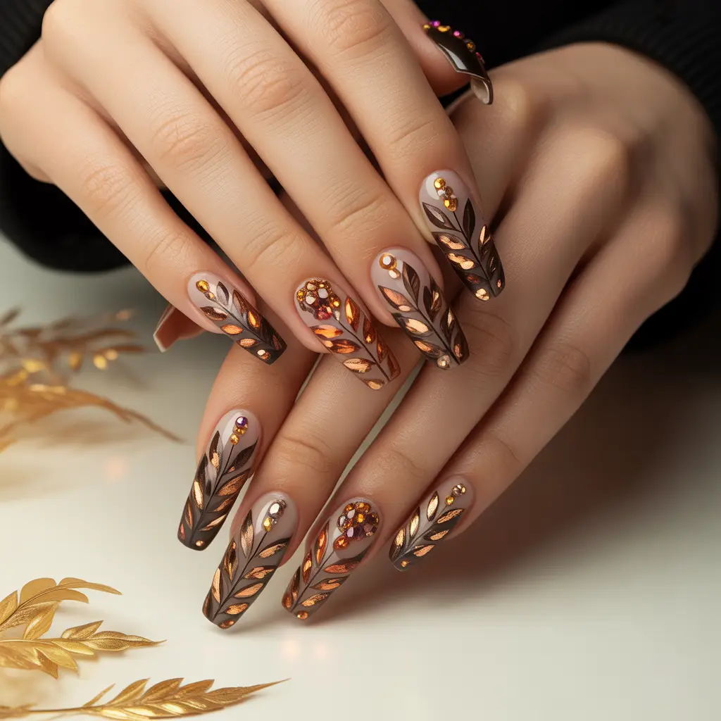 Bronze Leaf Rhinestone Nails