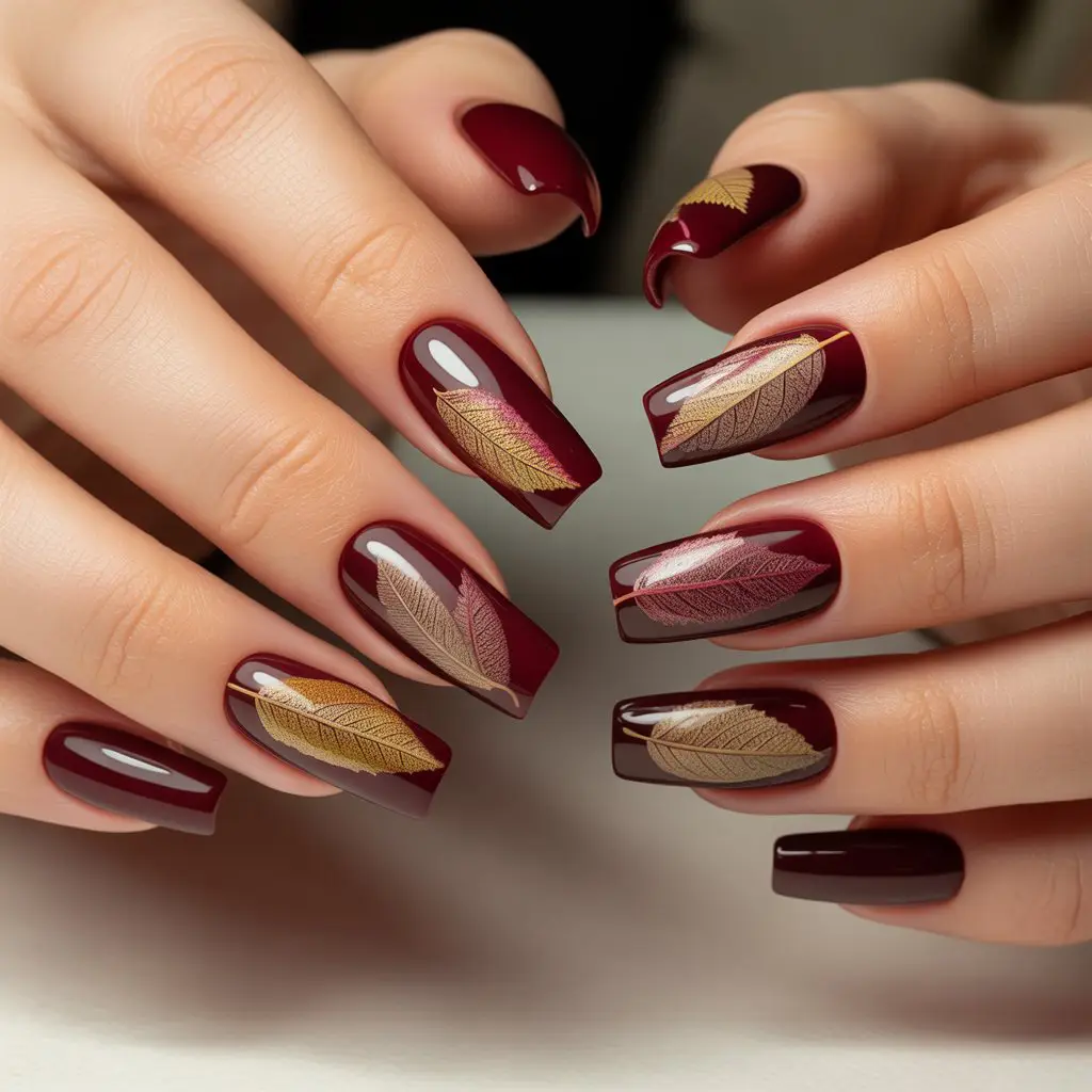 Burgundy Leaf Impression Nails
