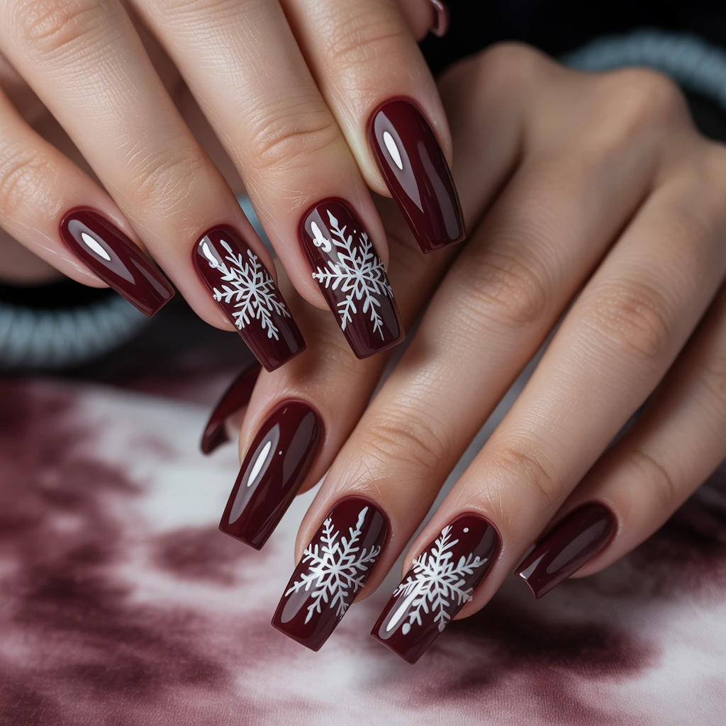 Burgundy Snowflake Gloss Nails 