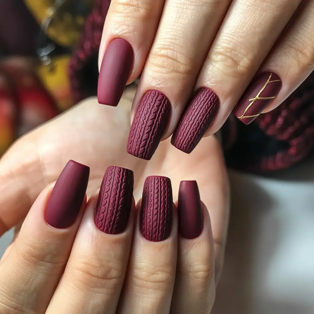 Burgundy Wool Sweater Texture Nails