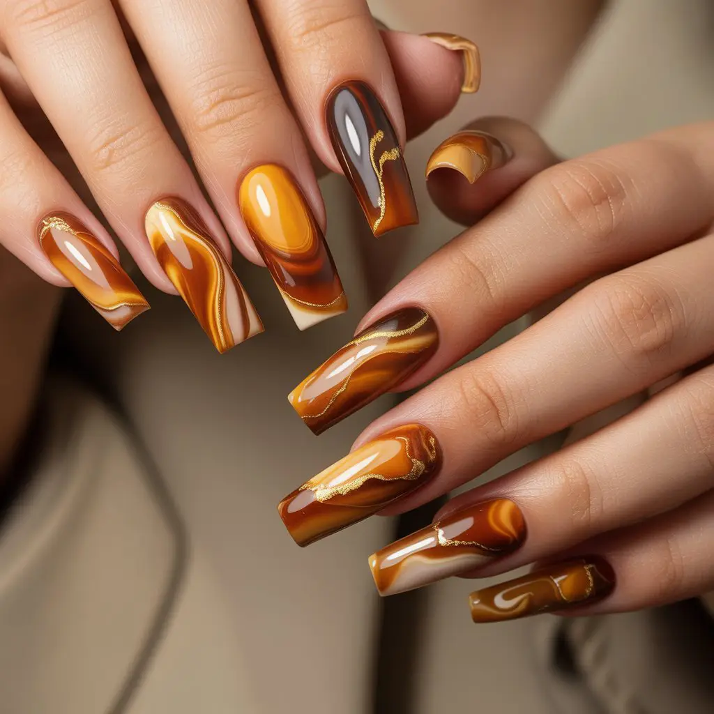Burnt Honey Marble Nails
