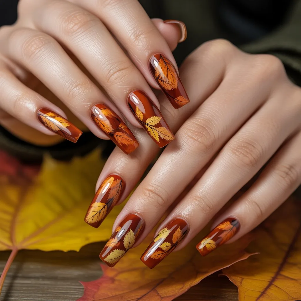 Burnt Orange Leaf Path Nails