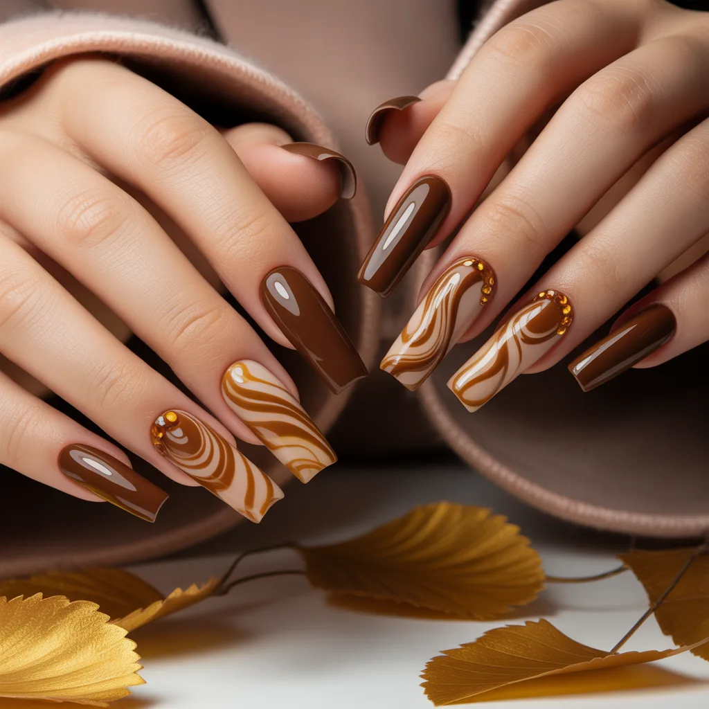 Caramel-Drizzle Swirl Nails