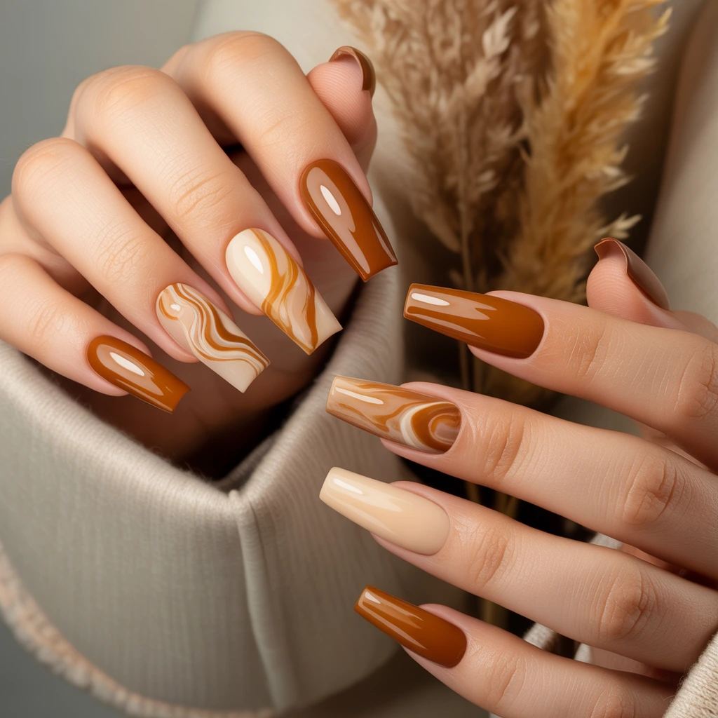 Caramel Marble Accent Nails
