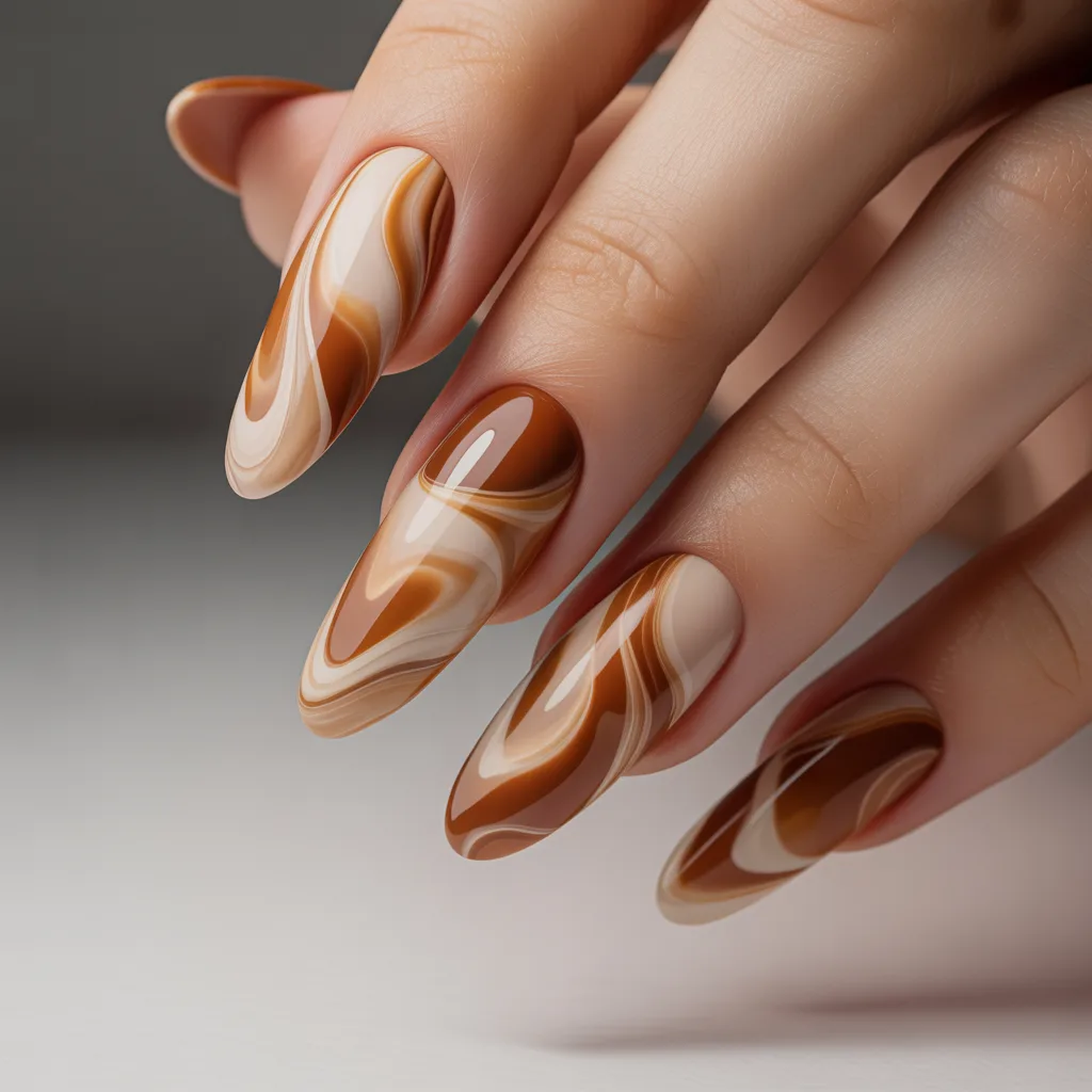 Caramel and Beige Swirl Nails