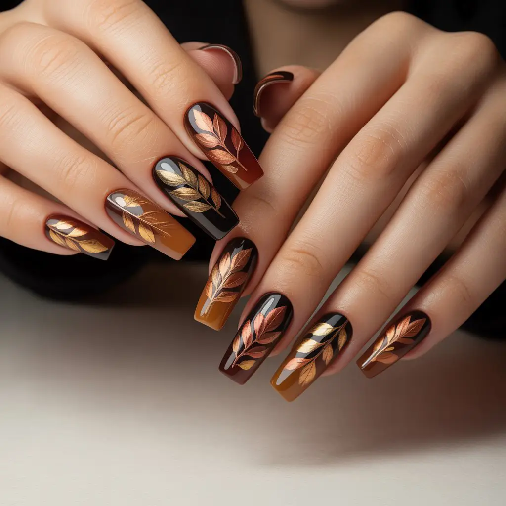 Caramelized Bronze Leaf Nails