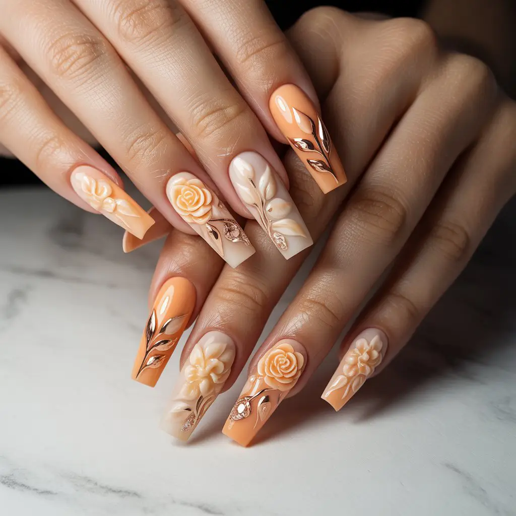 Carved Creamy Orange Florals Nail