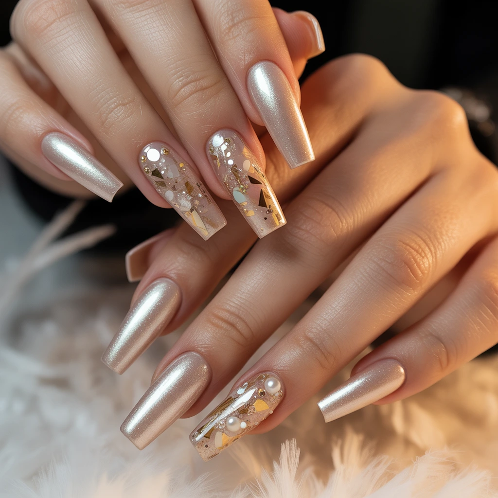 Champagne Glow Confetti Nails