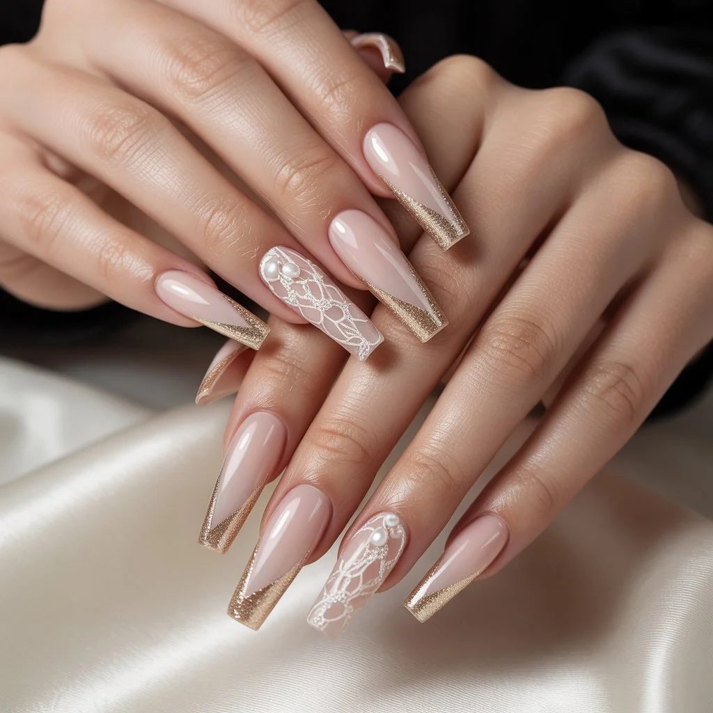 Champagne Lace Fade Ombre Nails