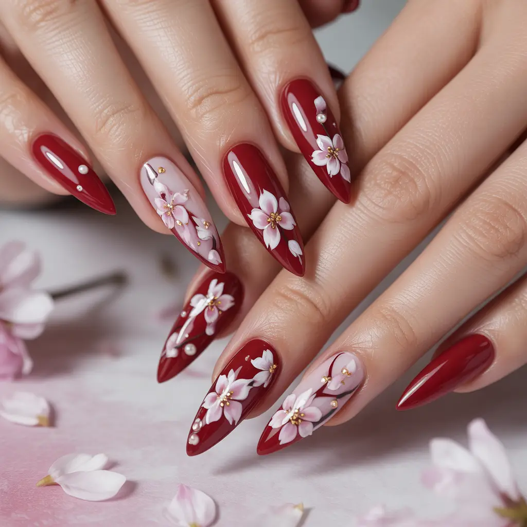 Cherry Blossom Red Nails 