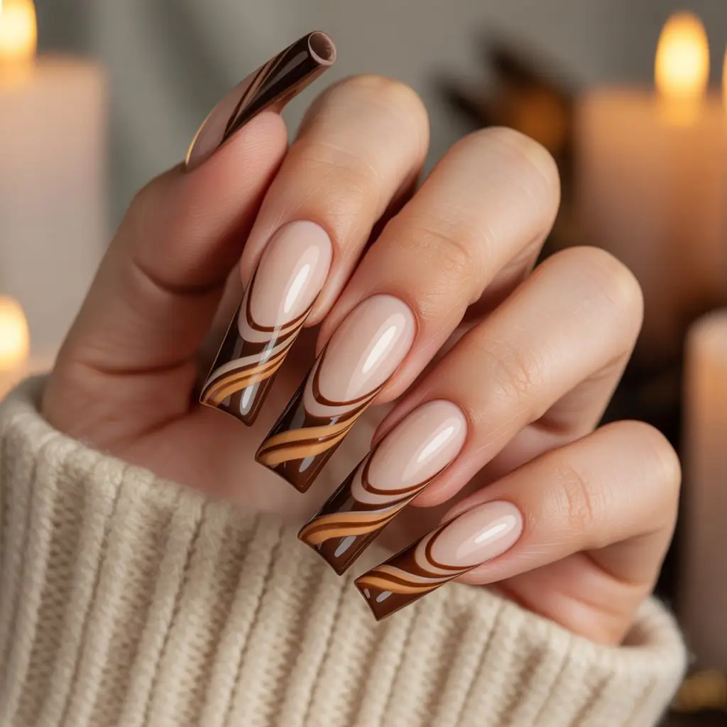 Chocolate Ribbon French Tips Nail