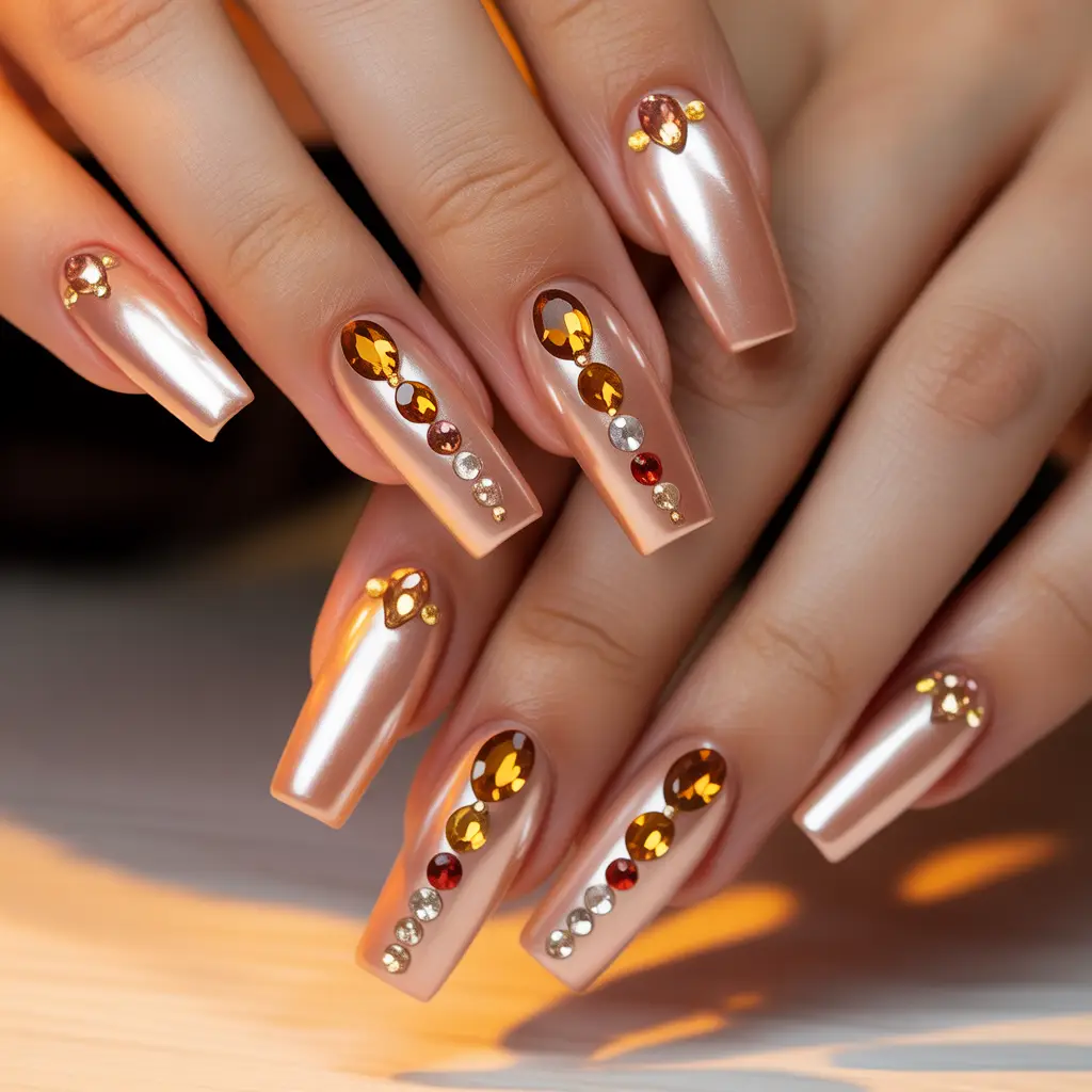 Cinnamon Pearl Rhinestone Nails