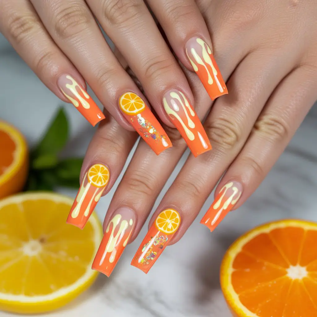 Citrus Splash Drip Nails