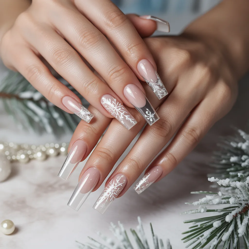 Clear Snowflake Accent Nails