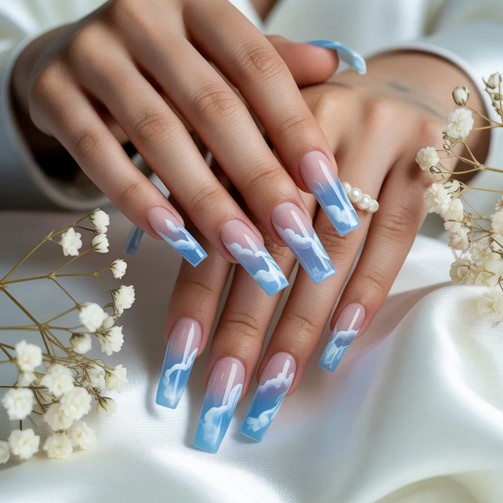 Cloudy Blue Sheer Nails